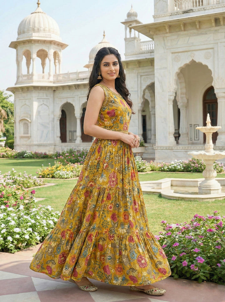 Mustard Rayon Floral Digital Print Long Dress
