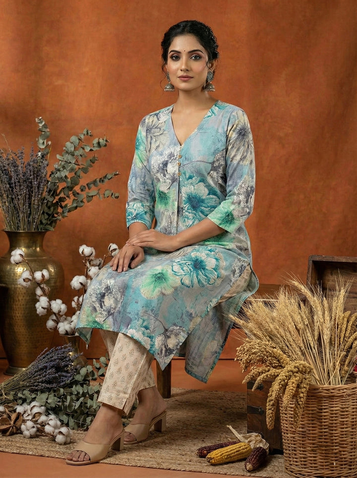 Aqua Rayon Floral Digital Print Kurta