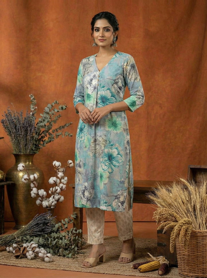 Aqua Rayon Floral Digital Print Kurta