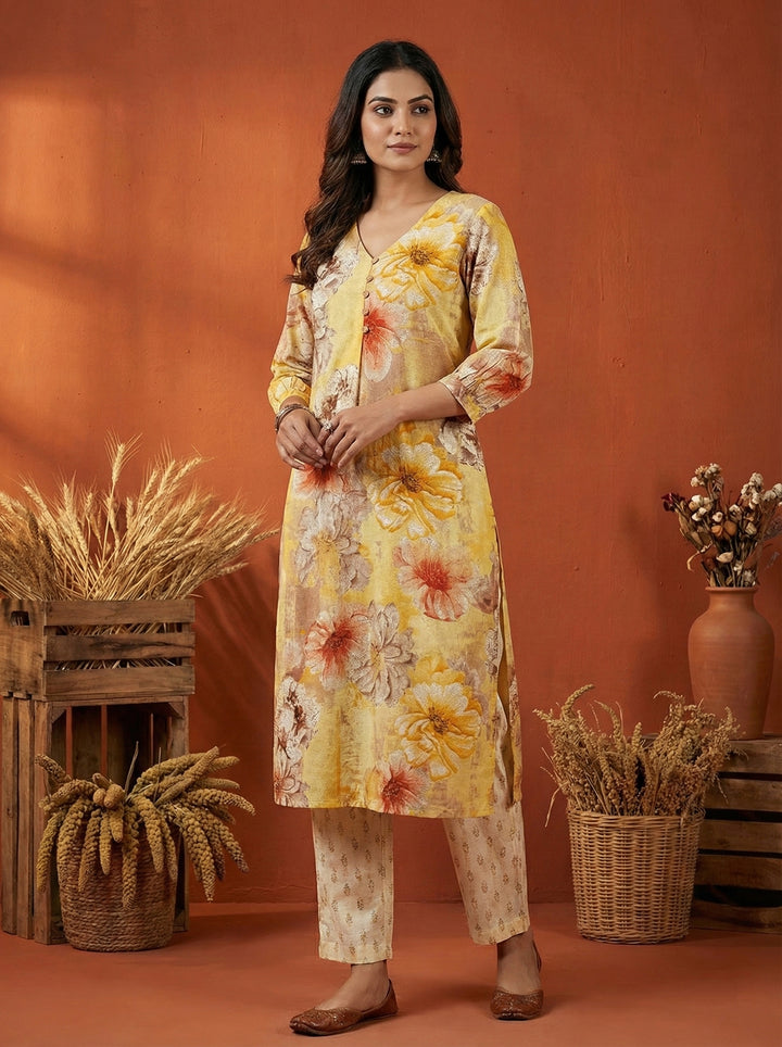 Yellow Rayon Floral Digital Print Kurta