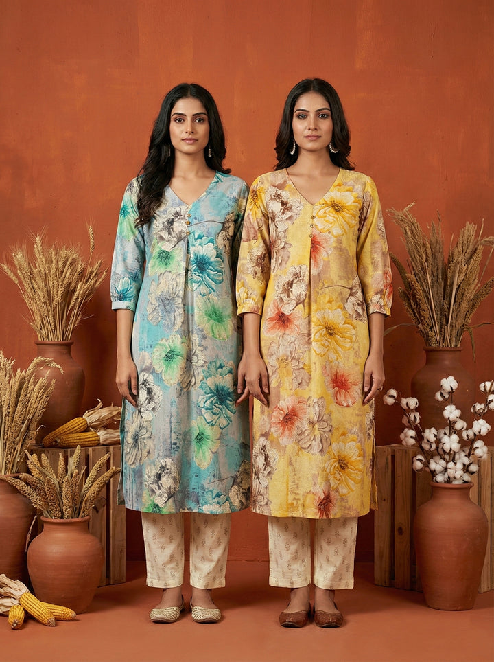 Yellow Rayon Floral Digital Print Kurta