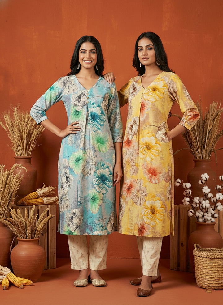Yellow Rayon Floral Digital Print Kurta