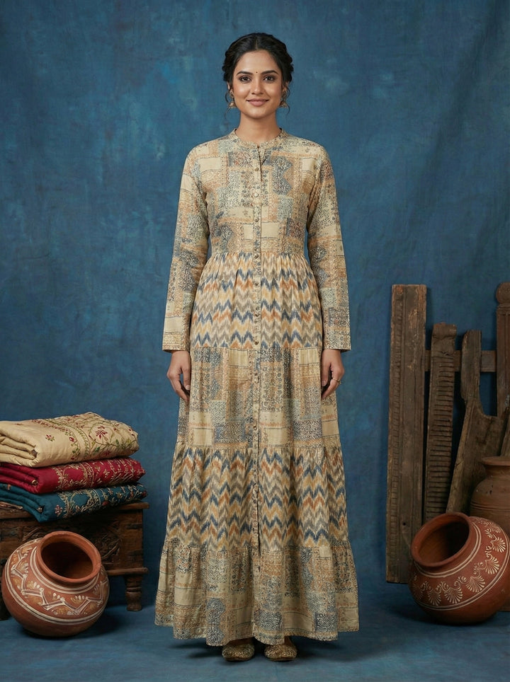 Cream Rayon Digital Print Long Dress