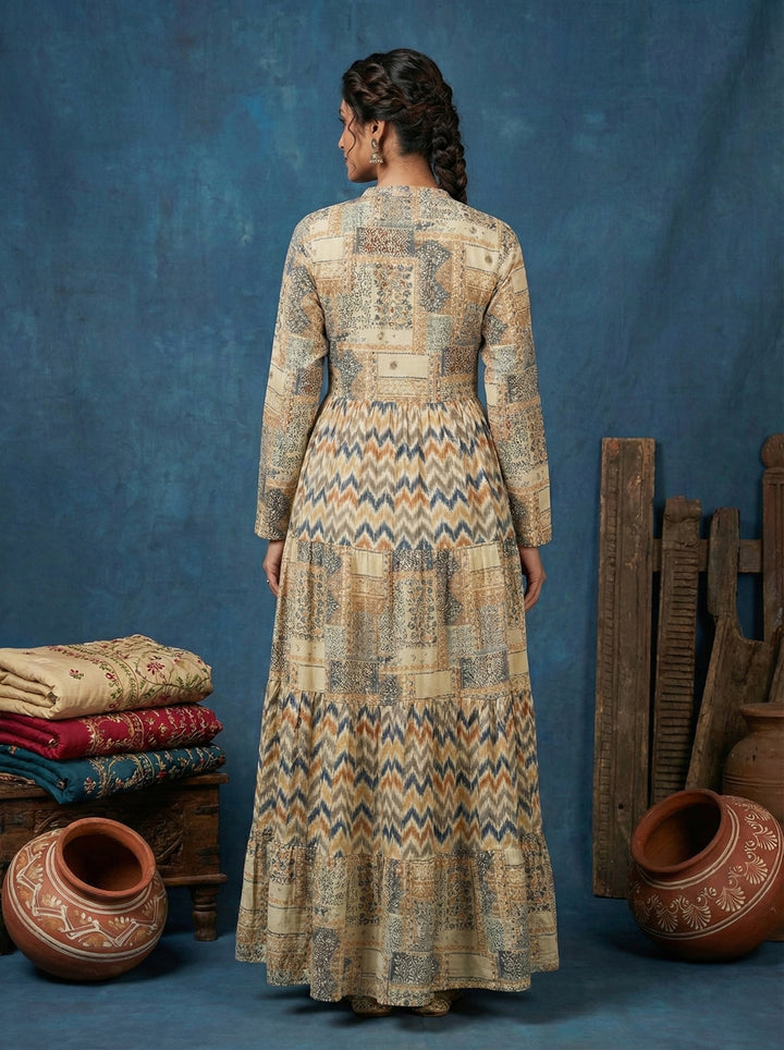 Cream Rayon Digital Print Long Dress