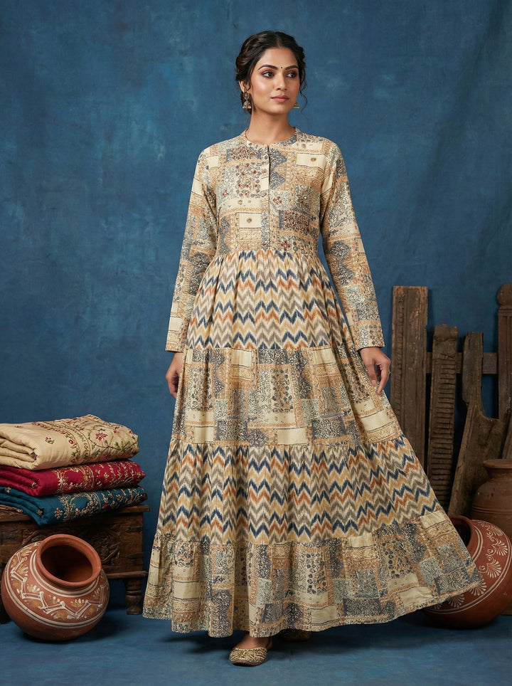 Cream Rayon Digital Print Long Dress