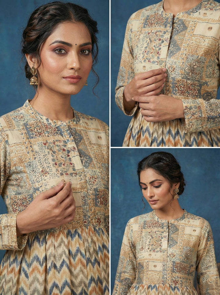 Cream Rayon Digital Print Long Dress