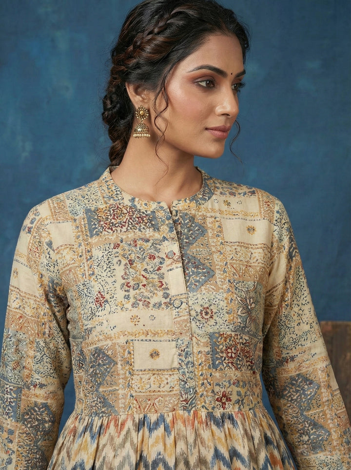 Cream Rayon Digital Print Long Dress