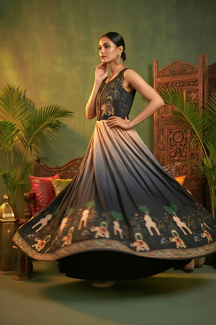 Black Chinnon Digital Print Long Dress