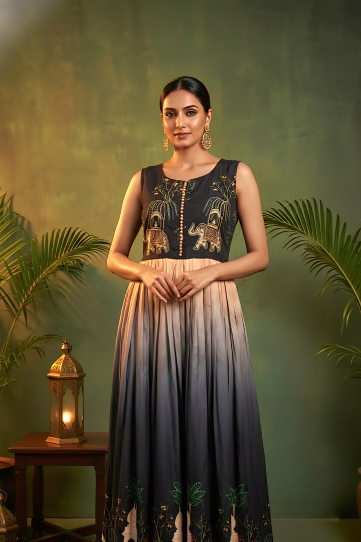 Black Chinnon Digital Print Long Dress