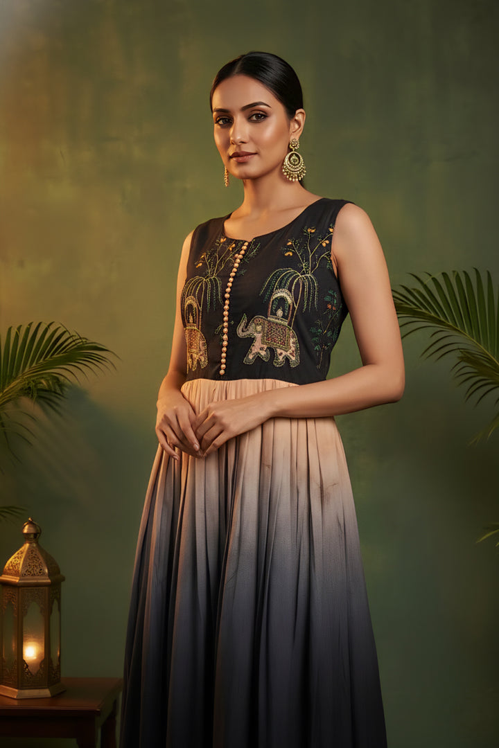 Black Chinnon Digital Print Long Dress