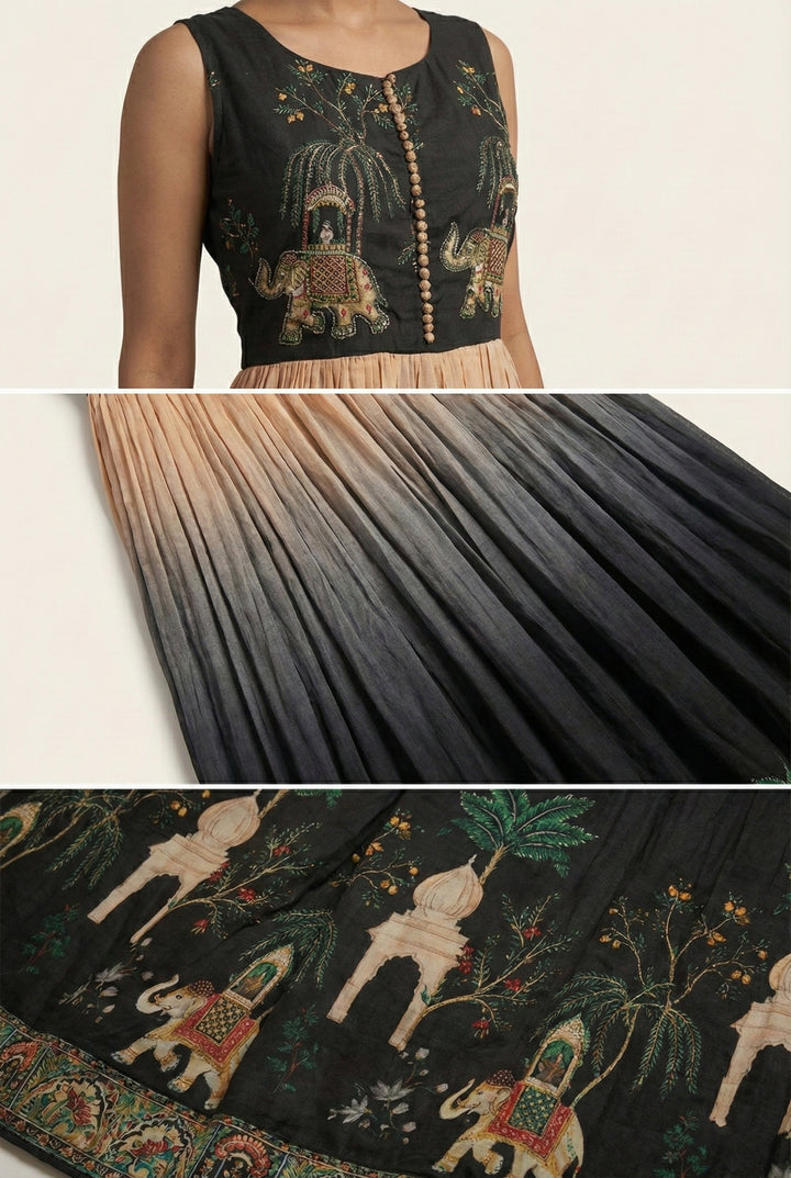 Black Chinnon Digital Print Long Dress