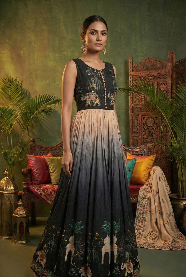 Black Chinnon Digital Print Long Dress