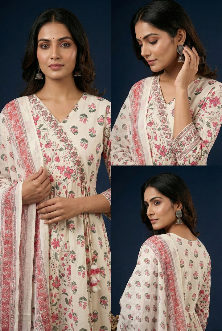 Pink Cotton Floral Digital Print Three Piece Set