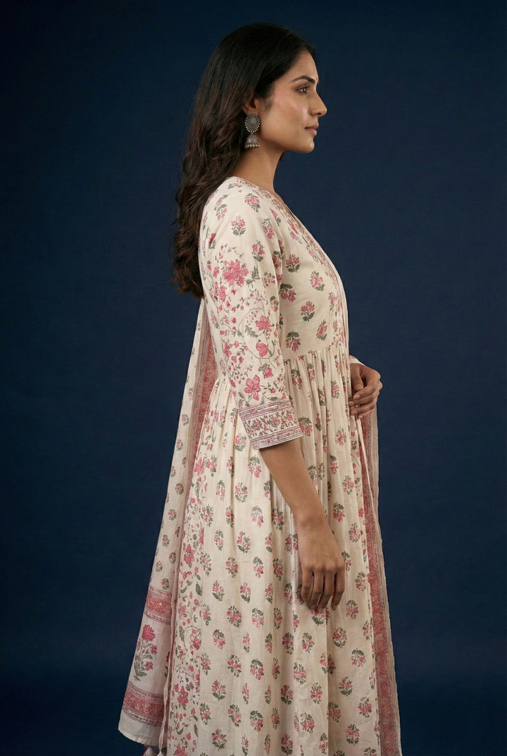 Pink Cotton Floral Digital Print Three Piece Set