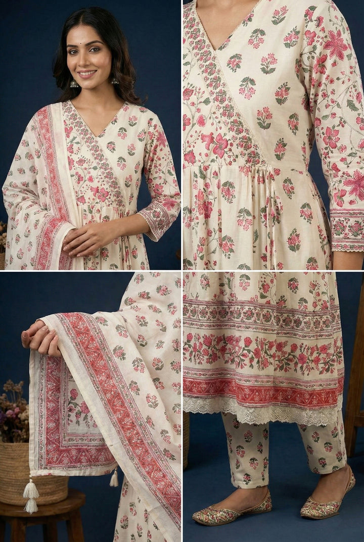 Pink Cotton Floral Digital Print Three Piece Set