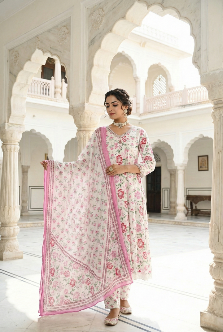 Pink Cotton Floral Hand Embroidered Three Piece Set