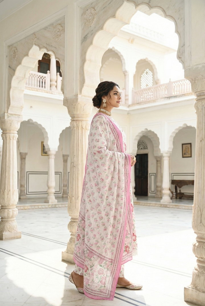 Pink Cotton Floral Hand Embroidered Three Piece Set