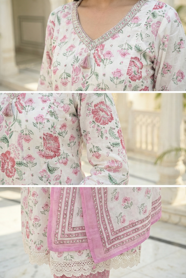 Pink Cotton Floral Hand Embroidered Three Piece Set