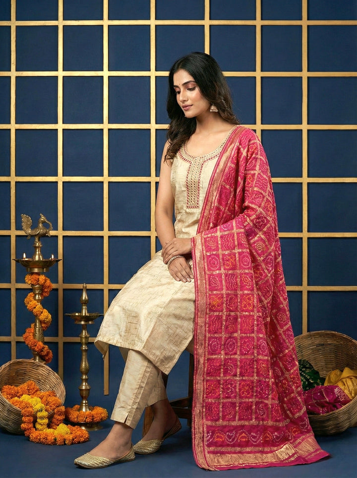 Beige Silk Mirror Embroidered Suit Set With Contrast Dupatta