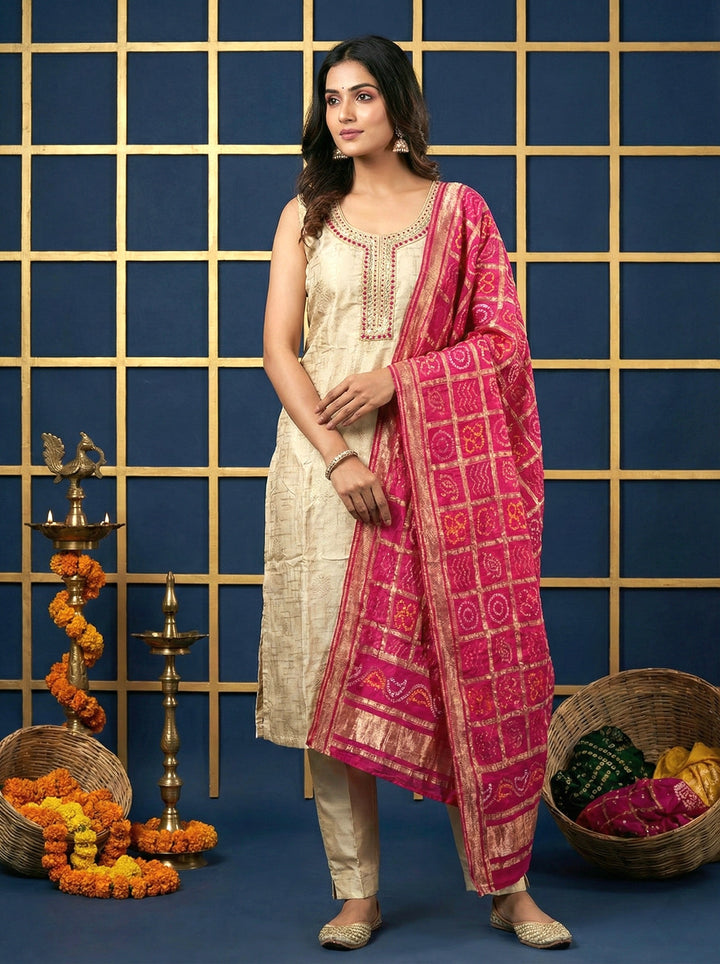 Beige Silk Mirror Embroidered Suit Set With Contrast Dupatta