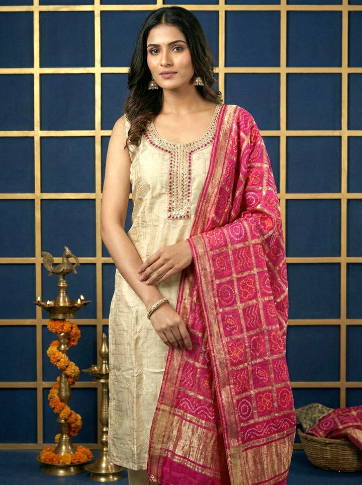 Beige Silk Mirror Embroidered Suit Set With Contrast Dupatta