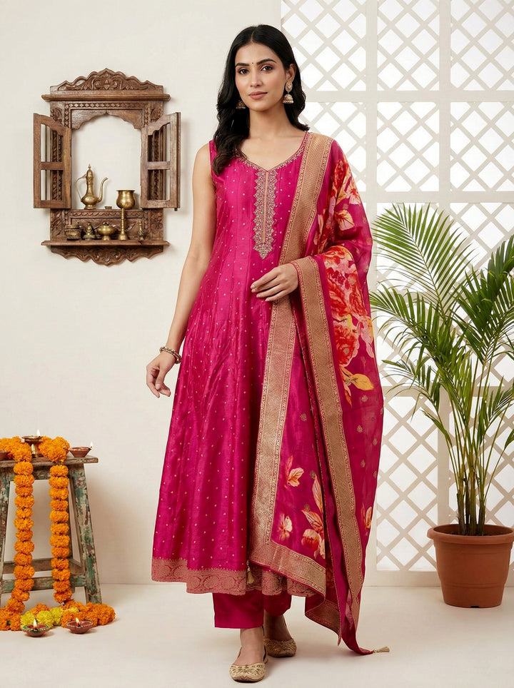 Rani Pink Silk Zari Embroidery Three Piece Set With Digital Printed Dupatta
