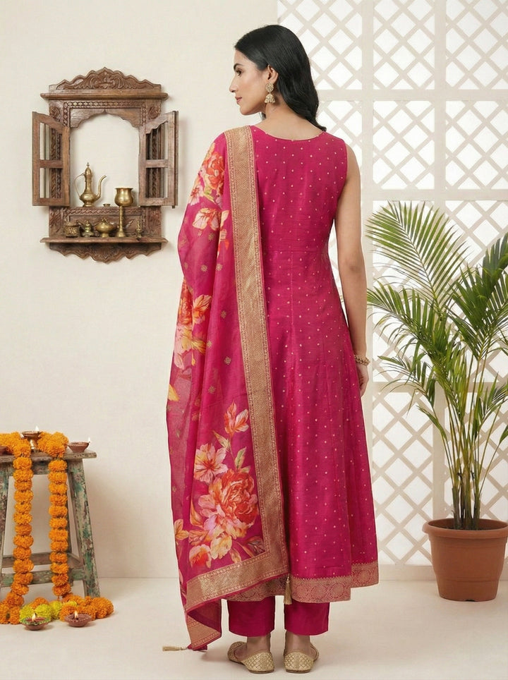 Rani Pink Silk Zari Embroidery Three Piece Set With Digital Printed Dupatta