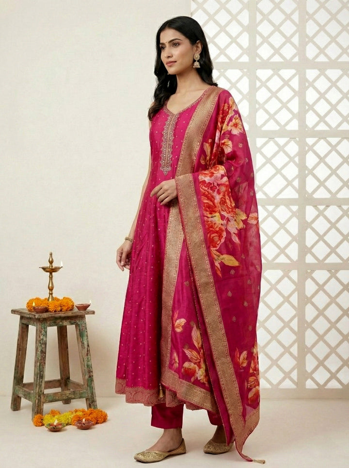 Rani Pink Silk Zari Embroidery Three Piece Set With Digital Printed Dupatta