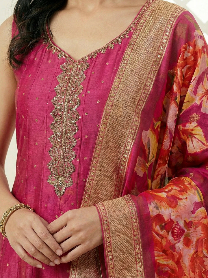 Rani Pink Silk Zari Embroidery Three Piece Set With Digital Printed Dupatta
