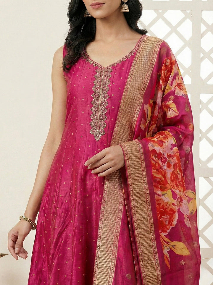 Rani Pink Silk Zari Embroidery Three Piece Set With Digital Printed Dupatta