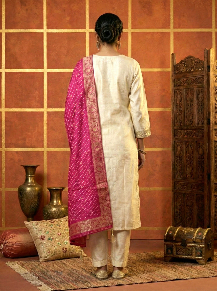 Neerus Beige tissue embroidered suit set - side view