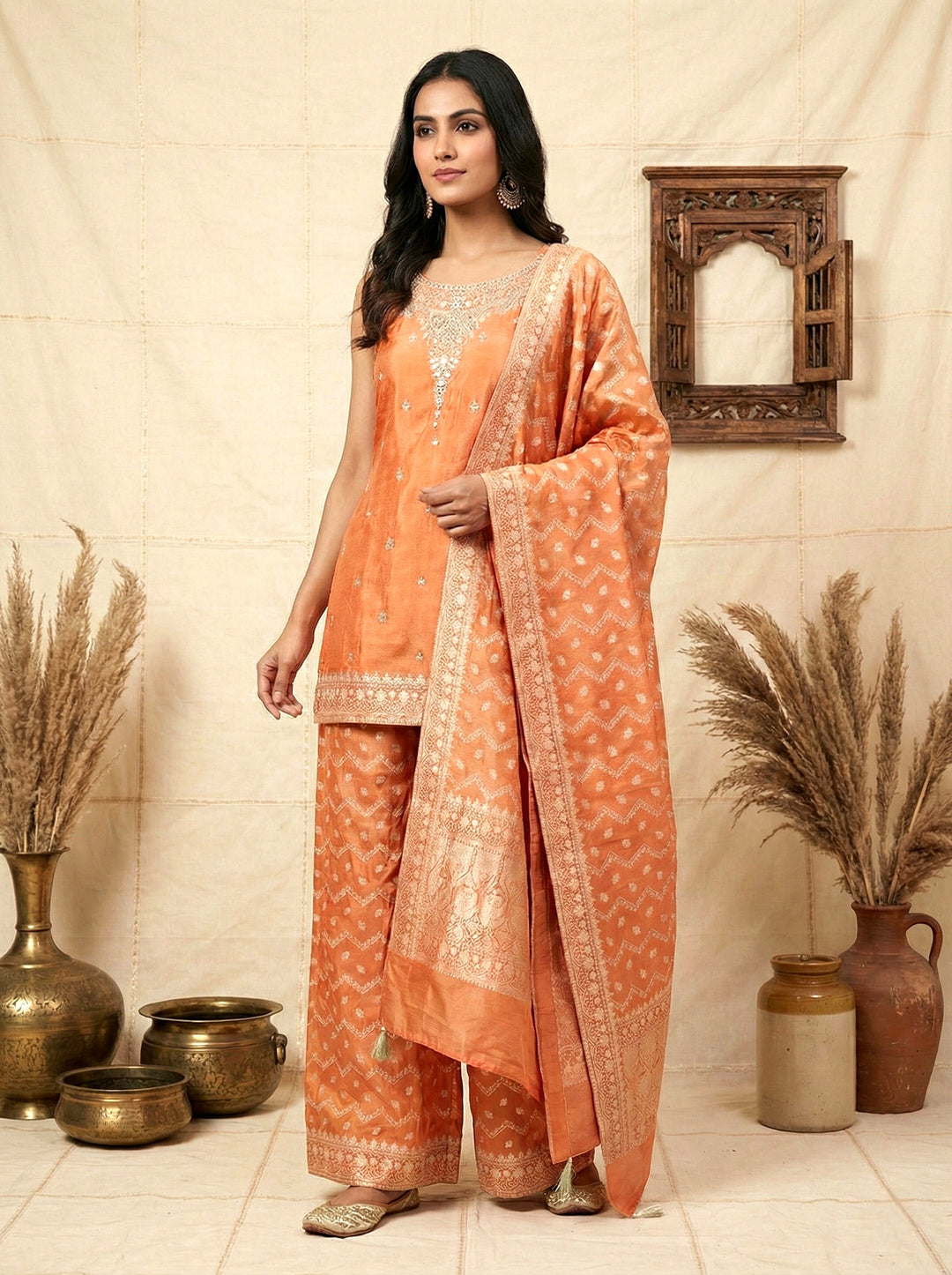 Neerus Orange tissue embroidered suit set - front view
