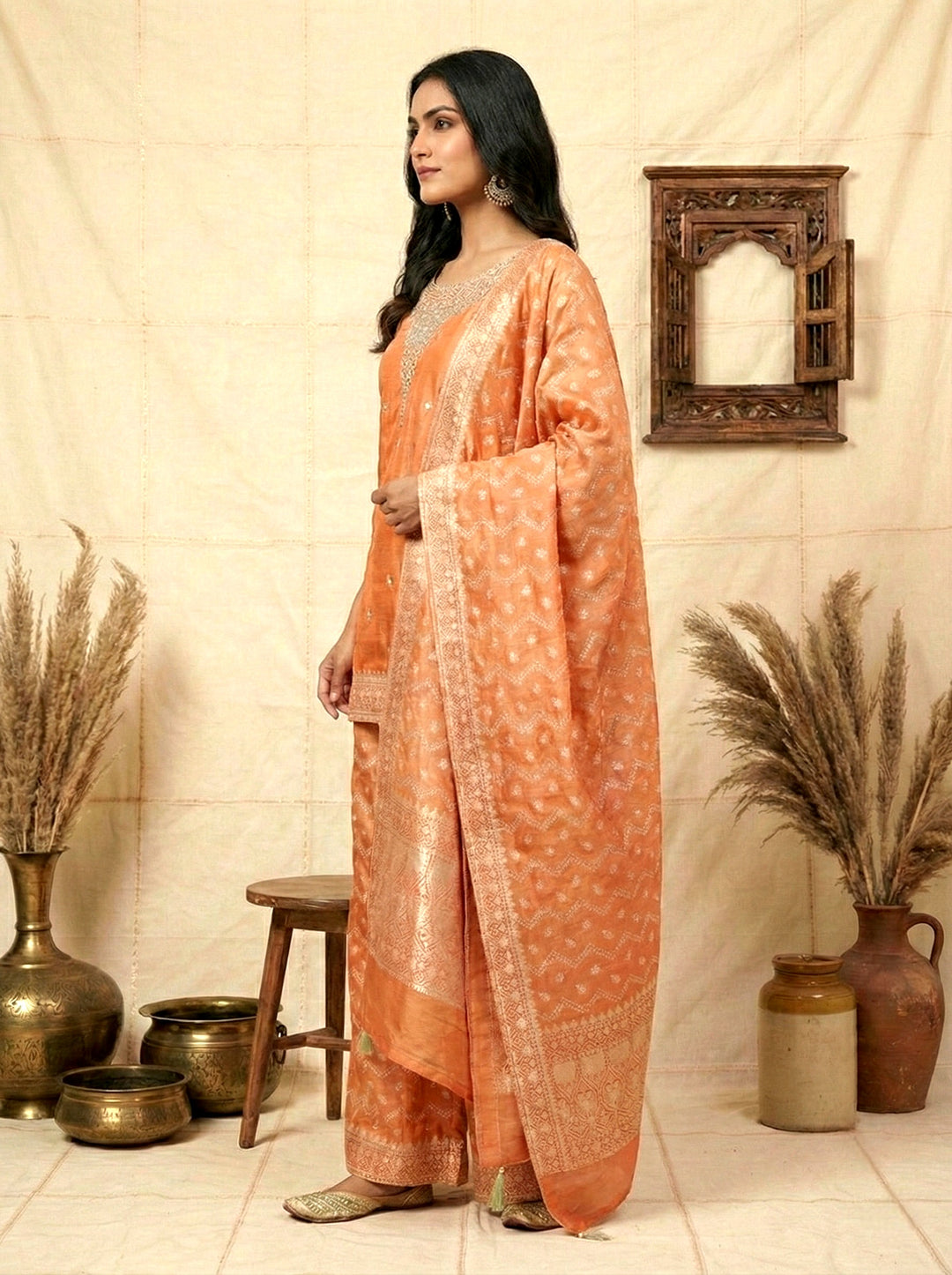 Neerus Orange tissue embroidered suit set - back view