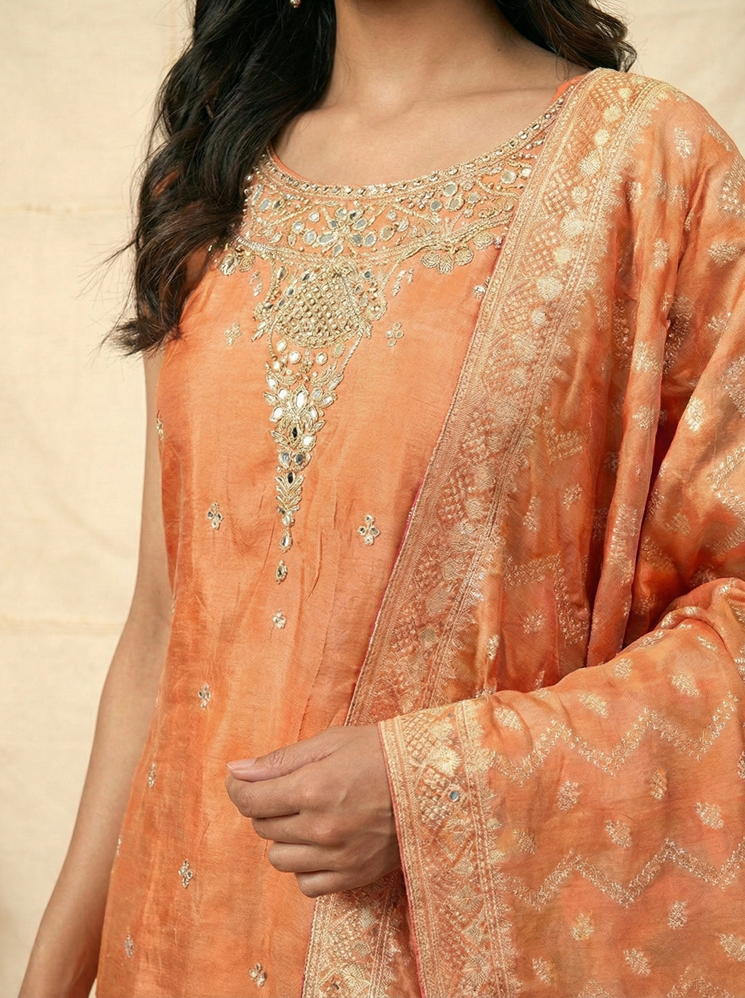 Neerus Orange tissue embroidered suit set - detail view 1