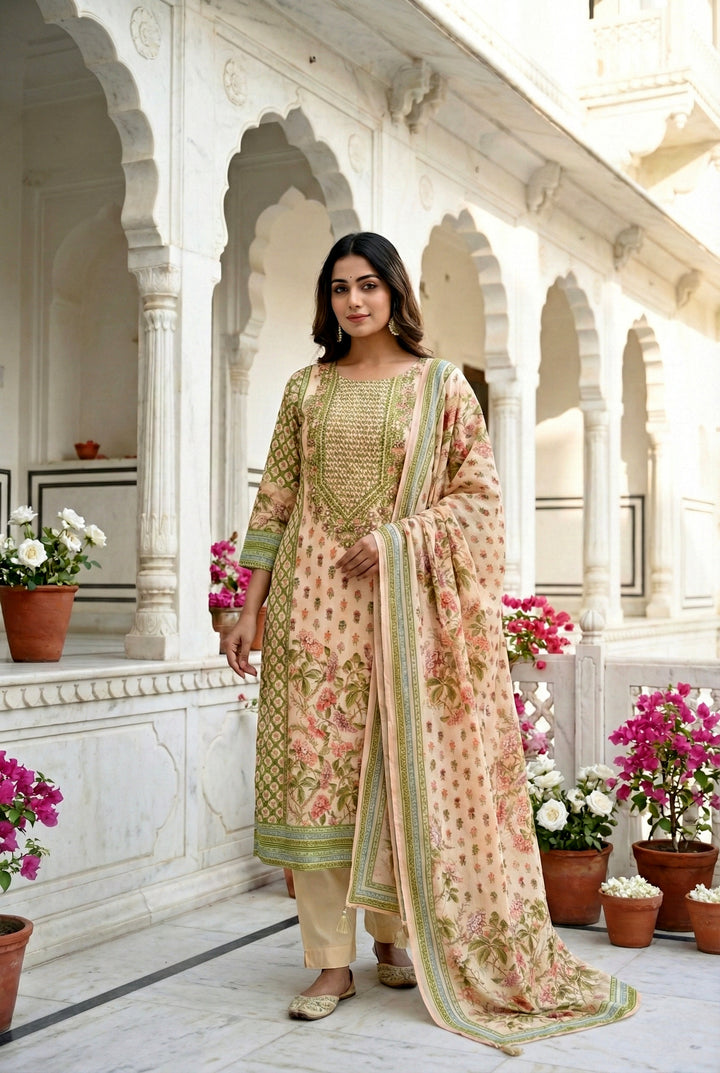 Cream Silk Hand Embroidered Three Piece Set