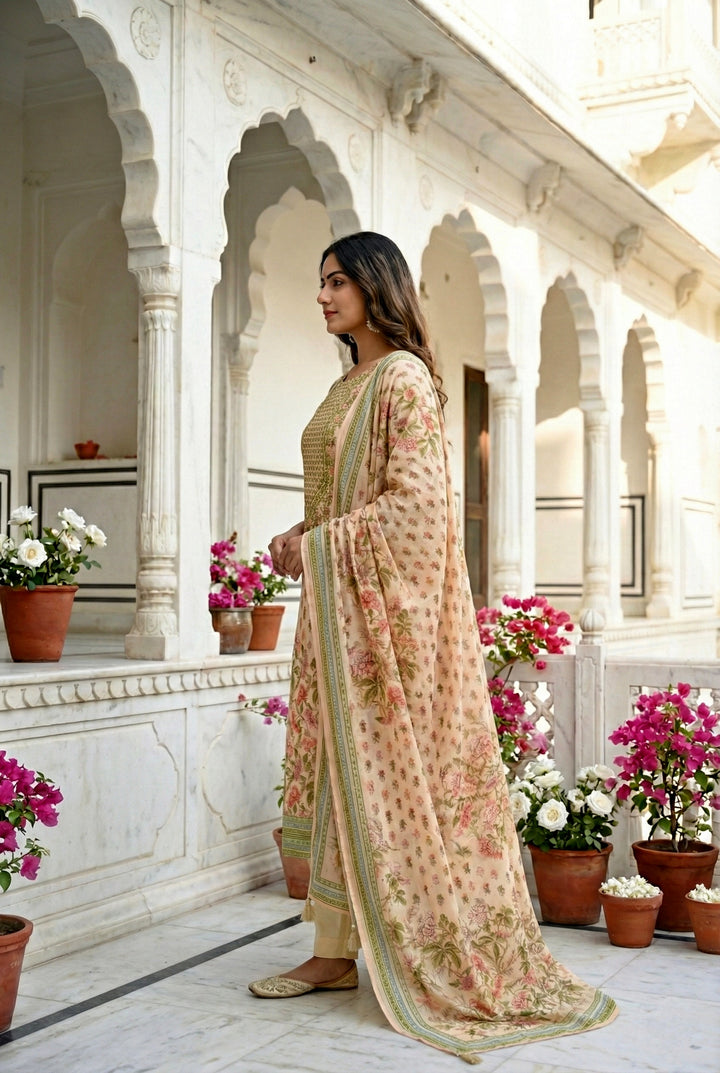 Cream Silk Hand Embroidered Three Piece Set