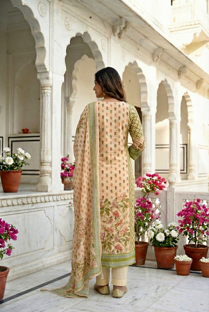 Cream Silk Hand Embroidered Three Piece Set