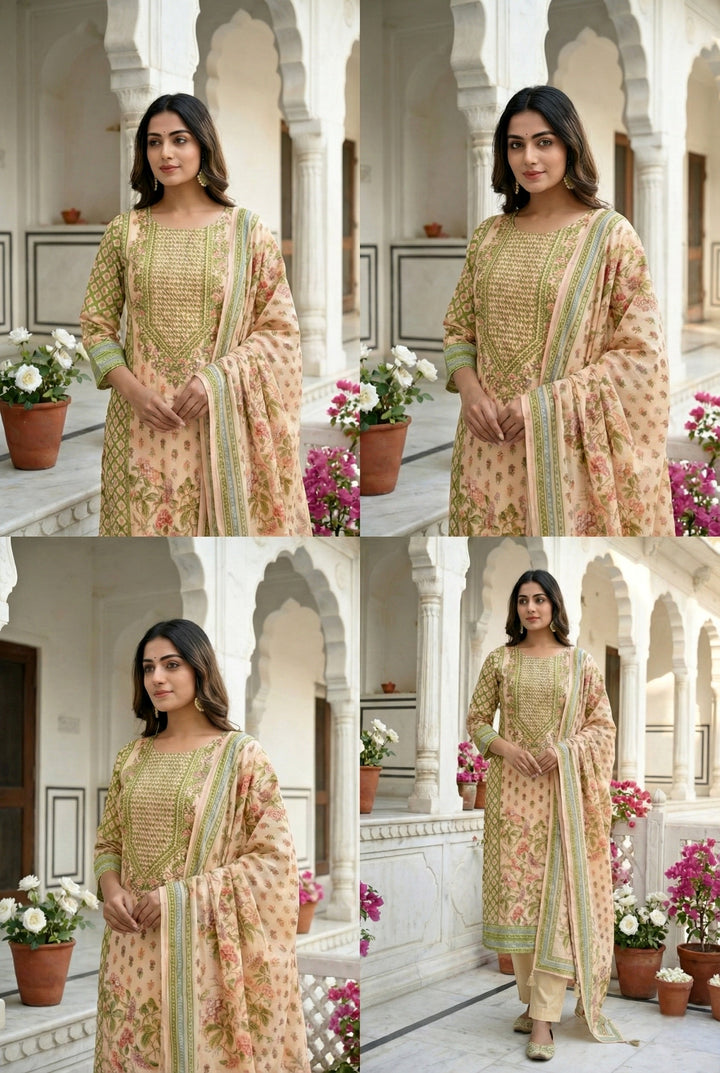 Cream Silk Hand Embroidered Three Piece Set