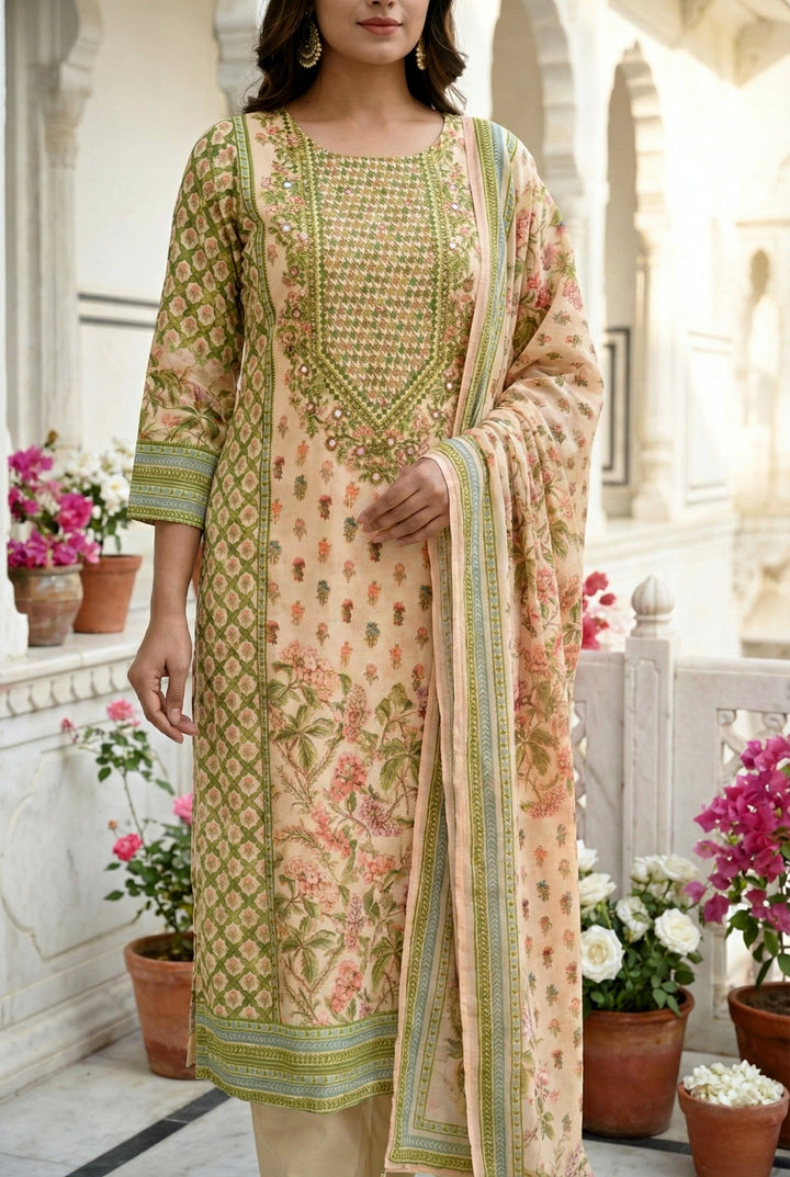 Cream Silk Hand Embroidered Three Piece Set