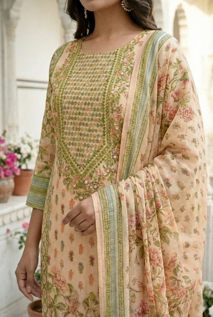 Cream Silk Hand Embroidered Three Piece Set