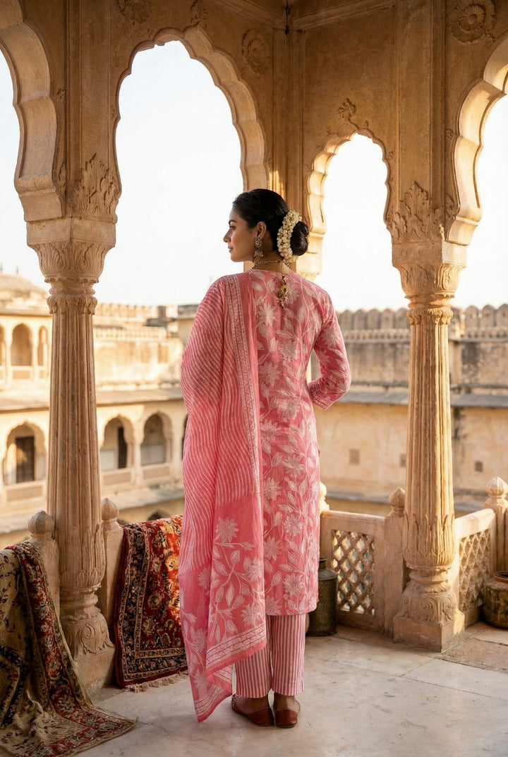 Rose Pink Cotton Floral Digital Printed Suit Set