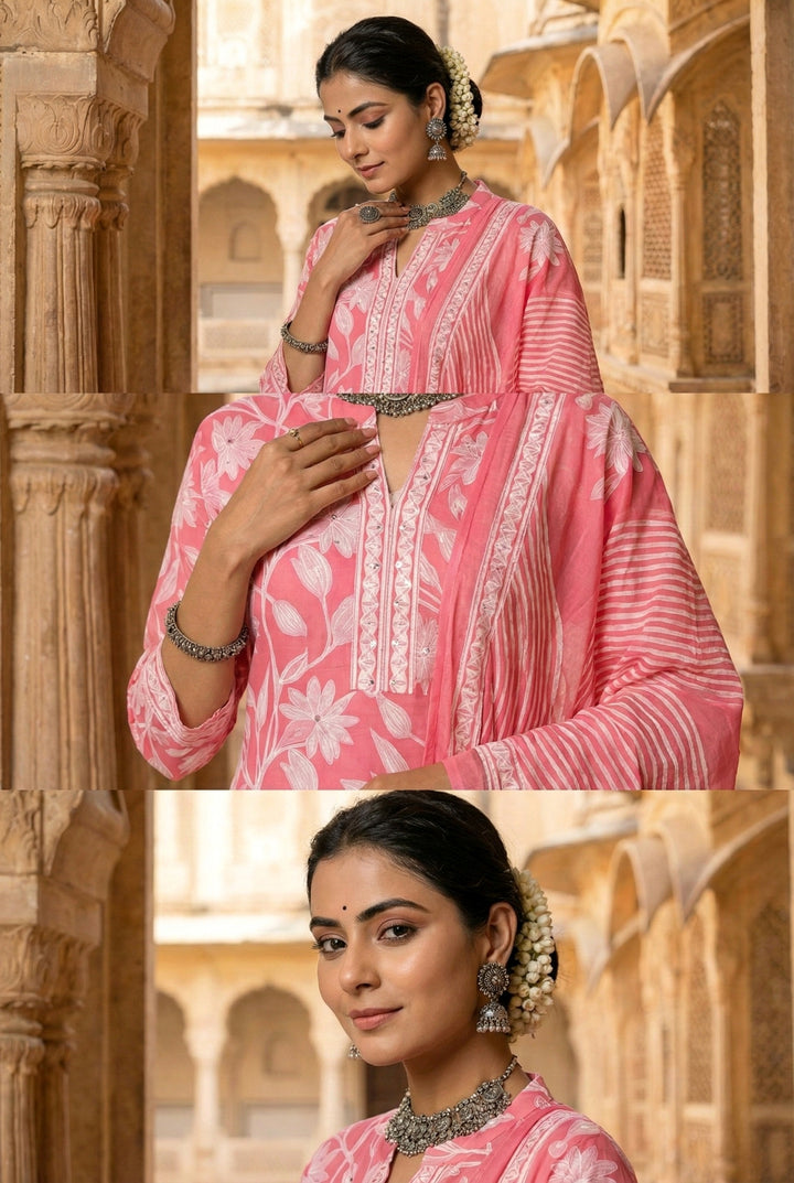 Rose Pink Cotton Floral Digital Printed Suit Set