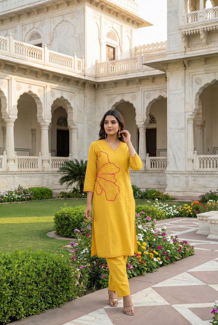 Mustard Linen Hand Embroidered Two Piece Set