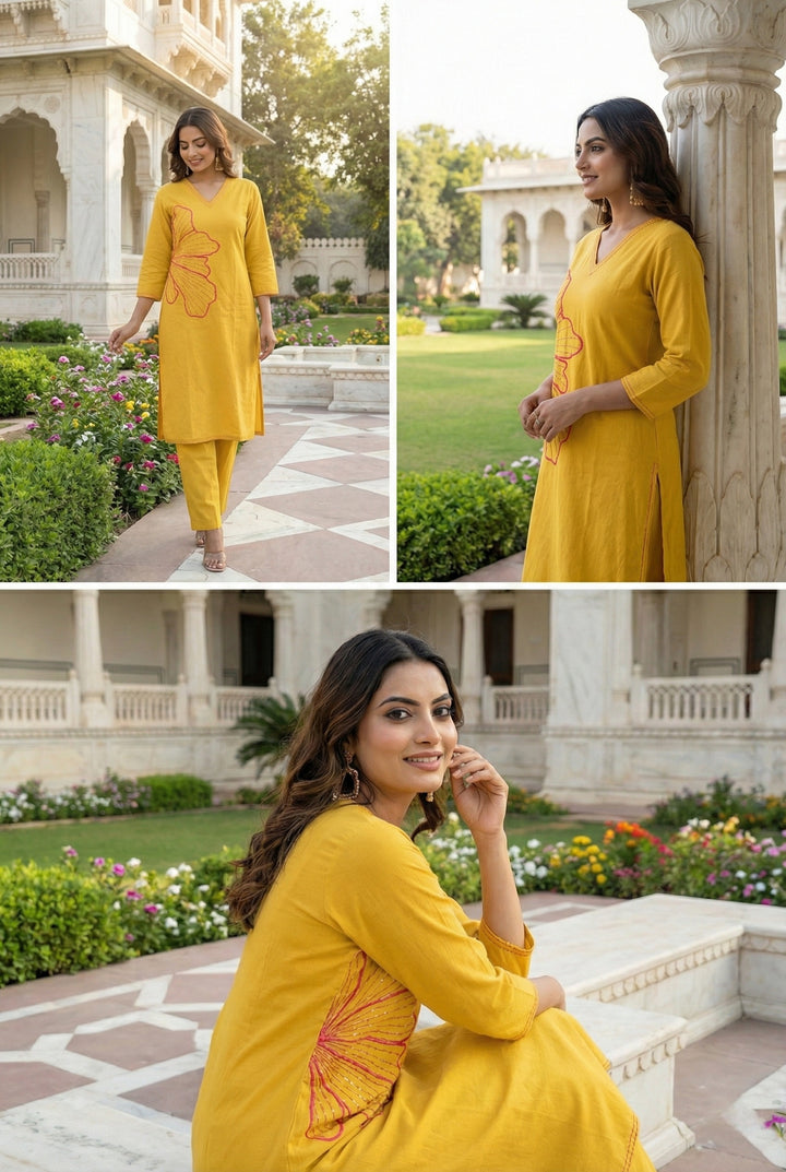 Mustard Linen Hand Embroidered Two Piece Set