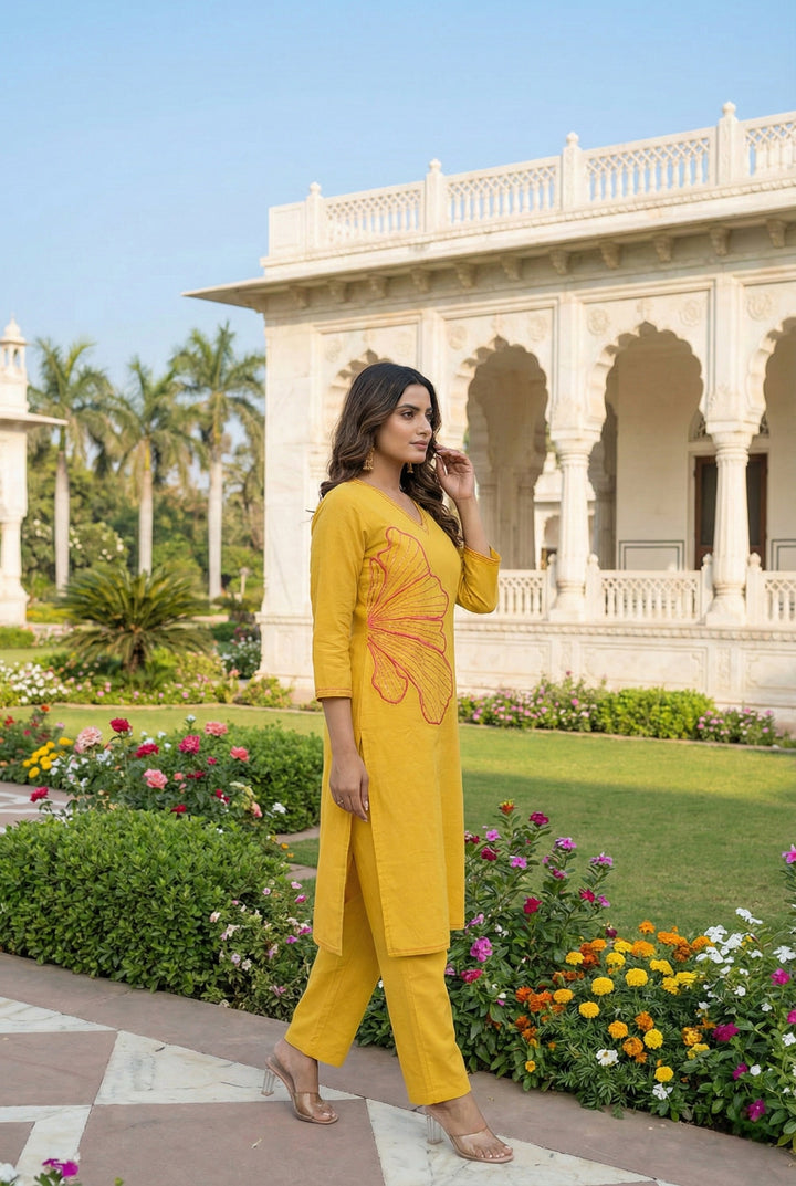 Mustard Linen Hand Embroidered Two Piece Set