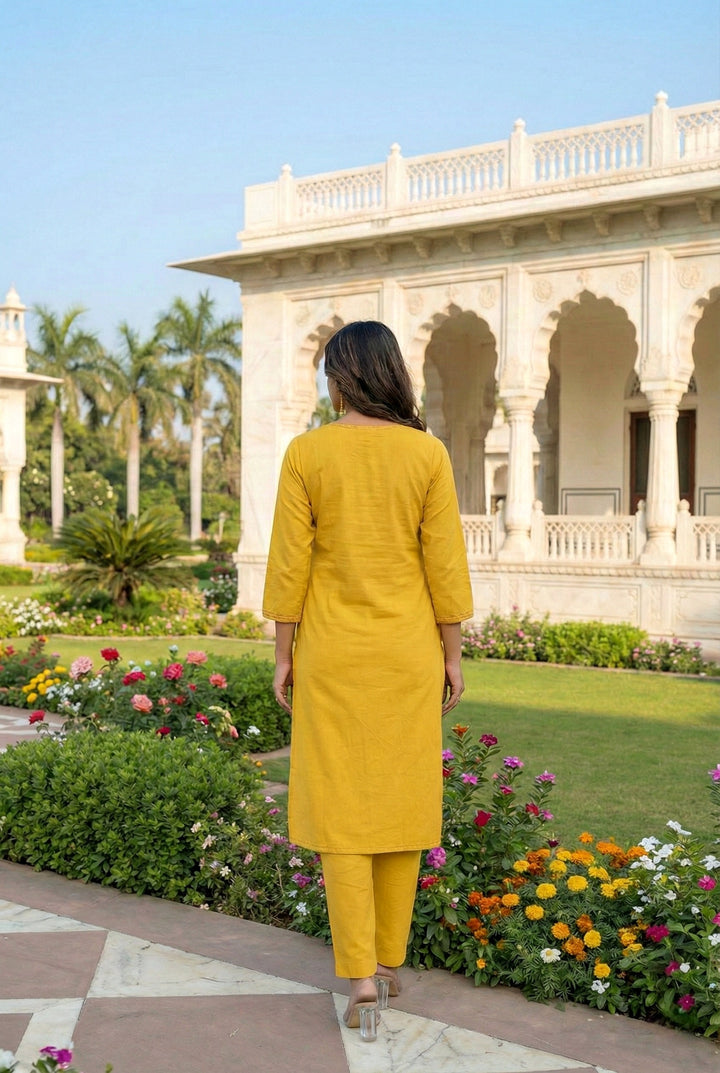 Mustard Linen Hand Embroidered Two Piece Set