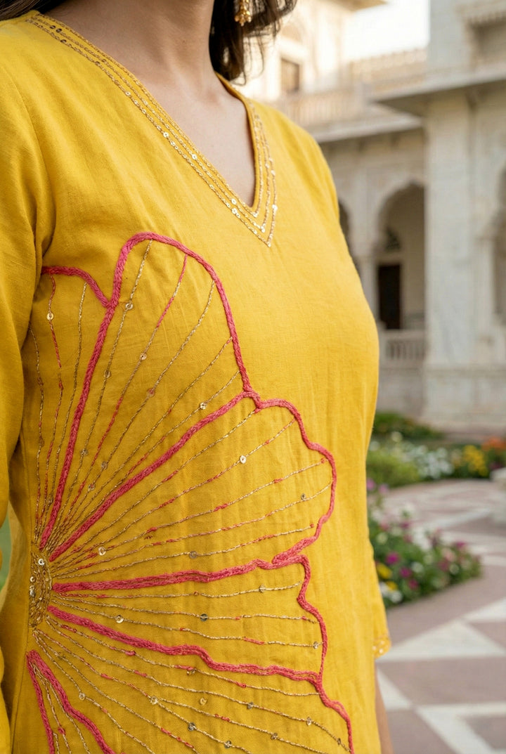 Mustard Linen Hand Embroidered Two Piece Set