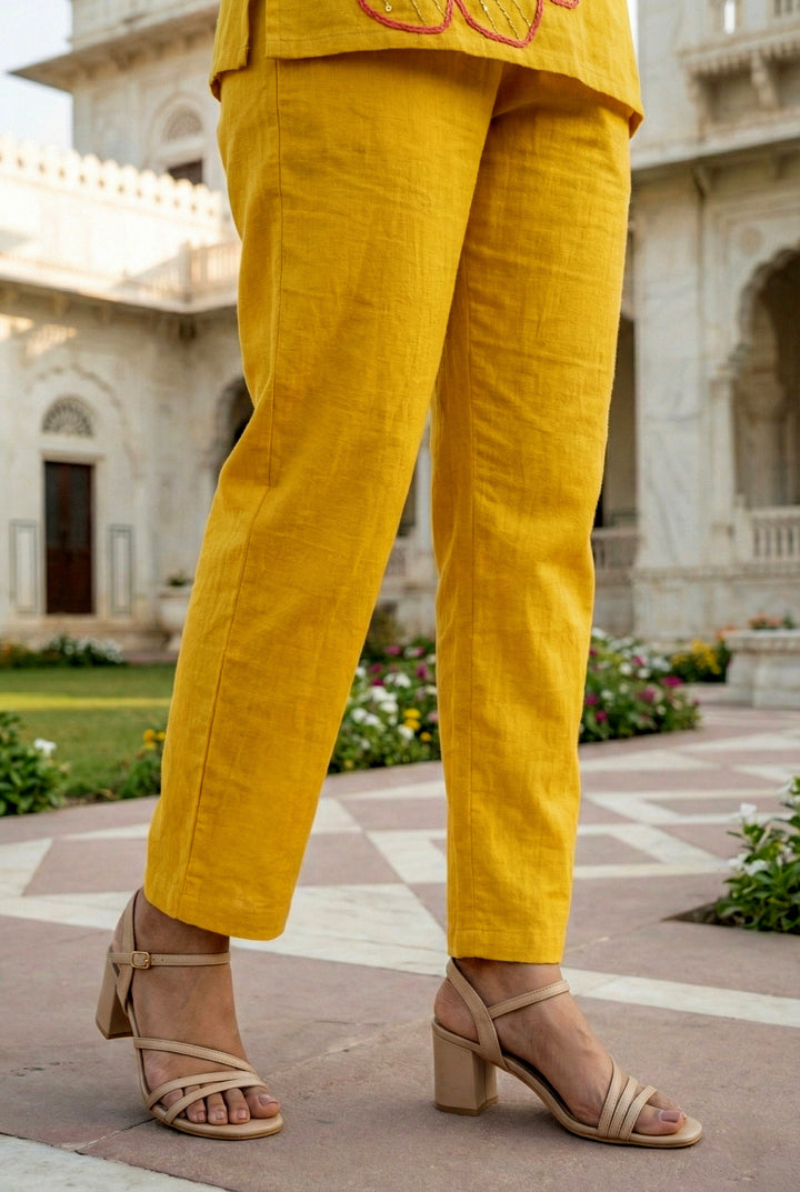 Mustard Linen Hand Embroidered Two Piece Set