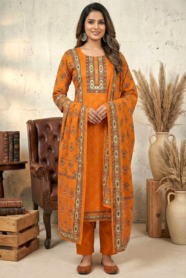 Blunt Orange Silk Mirror And Thread Embroidered Suit Set