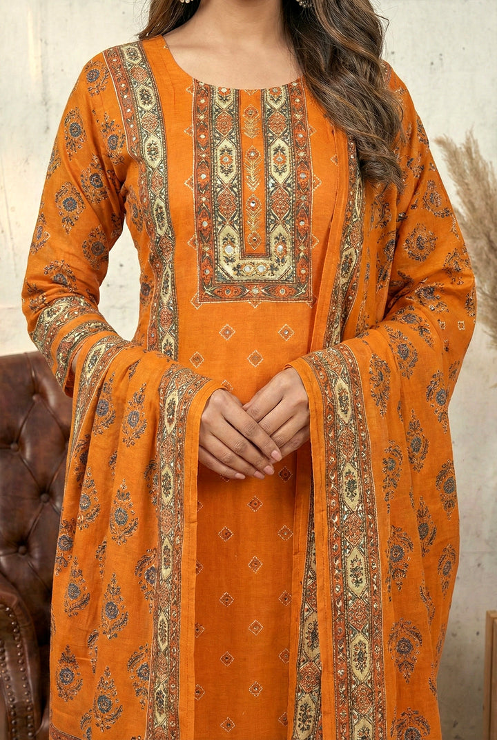 Blunt Orange Silk Mirror And Thread Embroidered Suit Set